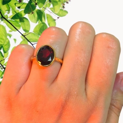 Gemzonite Certified A+ Quality Original Gomed Hessonite Garnet Ring For Women & Men Brass Garnet Gold Plated Ring