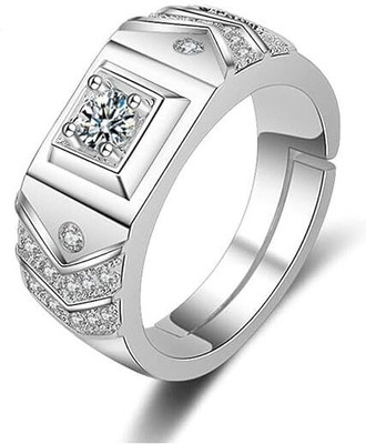 Heer Collection Exclusive Sterling Silver American Diamond Solitaire Adjustable Ring For Men Boy Stainless Steel Titanium Plated Ring