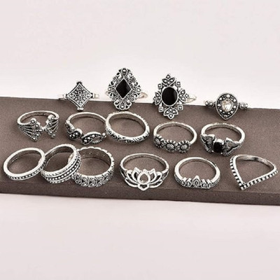 Vembley Oxidised 15 Pcs Vintage Floral Designs Ring Set For Women And Girls Alloy Silver Plated Ring Set