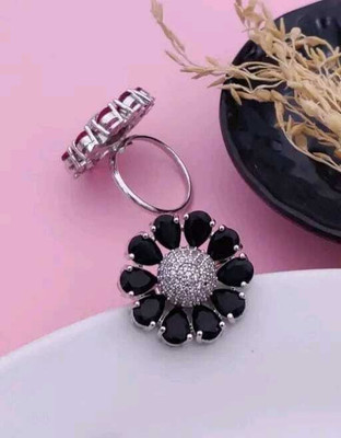 Parmeshwar Elegant Black Flower Design Finger Ring | Stylish Adjustable Party Wear Ring Alloy Cubic Zirconia Silver Plated Ring