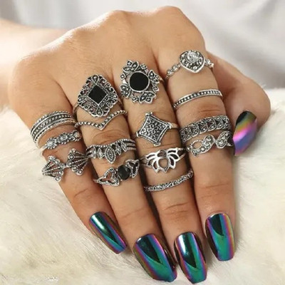 TheVineGirl Oxidised 15 Pcs Vintage Floral Designs Ring Set For Women And Girls Alloy Silver Plated Ring Set