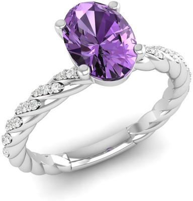 Bluejwel February - Amethyst Solitaire Oval Ring with CZ Diamond Accents Sterling Silver Amethyst, Cubic Zirconia Silver Plated Ring