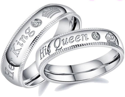 Teeragaj AdjustableCoupleRingsComboLoversCrownEngravedKingQueenAmericandiamondValentine Stainless Steel, Brass, Stone, Metal, Copper Cubic Zirconia Silver, Rhodium Plated Ring Set