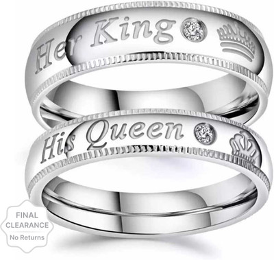 LAVITRA Adjustable Couple Ring for lovers in silver stylish king Queen design Stainless Steel, Brass, Stone, Metal, Copper Sterling Silver Plated Ring Set