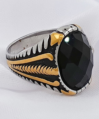 Gift Nest Elegant Men and Boys Sterling Silver Ring with Onyx Stone and Intricate Crystal Stainless Steel Pearl Silver Plated Ring
