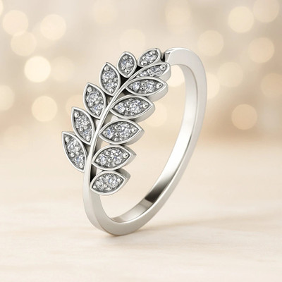 Miss Highness Leaf Design Cubicia Zircon Diamond Adjustable Ring – Gift for Women & Girls, Silver Cubic Zirconia Rhodium Plated Ring