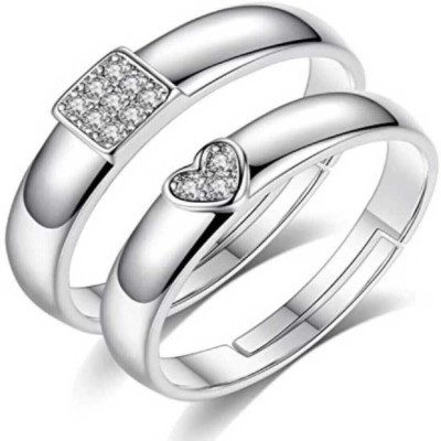 Animated ADJUSTABLE SILVER PLATED COUPLE BAND RING SET FOR LOVERS Alloy Cubic Zirconia Silver, Rhodium Plated Ring Set