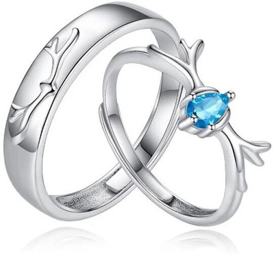 Gupta Blue Crystal Nug Stone King And Queen Deer Horn Zircon Romantic Lover Couple Alloy Aquamarine Silver Plated Ring Set