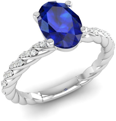 Bluejwel September - Solitaire Oval Sapphire Ring with CZ Diamond Accents Sterling Silver Cubic Zirconia, Sapphire Sterling Silver Plated Ring