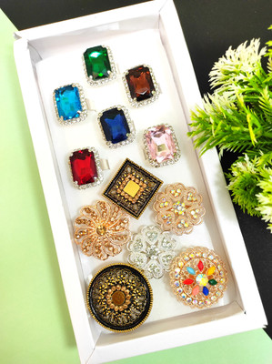 Divyanshi Collection Combo Pack Of 12 Fancy Multicolour 12 Ad Rings Brass Diamond Gold, Silver Plated Ring Set
