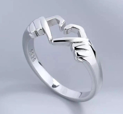 Viibesle Set Of 2 Silver Geometric Palm Love Gesture Couple Hands Heart Thumb Finger Ring Stainless Steel Silver Plated Ring Set