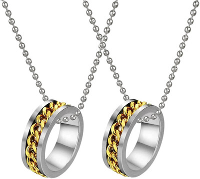De-Ultimate Set Of 2 Rotatable Silver & Golden Link Chain Spinner Fidget Ring Pendant Locket Stainless Steel Pendant Set