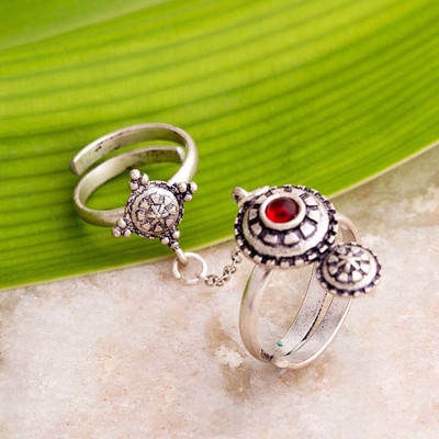 Voylla Abhira Adjustable Two Finger Ring Brass Silver Plated Ring