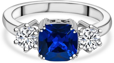 Ornate Jewels 925 Sterling Silver American Diamonds & Blue Sapphire ring Sterling Silver Sapphire Rhodium Plated Ring