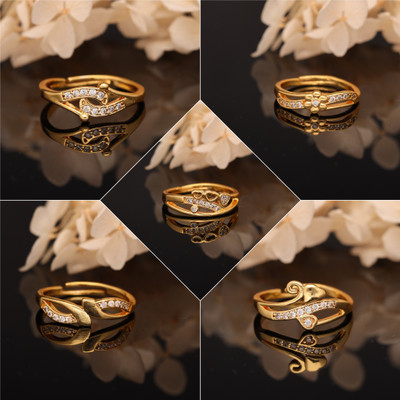 Gigev Combo Of 5 AD Brass Cubic Zirconia Gold Plated Ring Set