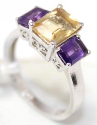 PH Artistic Ring 925 Sterling Silver Golden Topaz & Amethyst Gem Stone Women Gift E660 Silver Topaz, Amethyst Sterling Silver Plated Ring