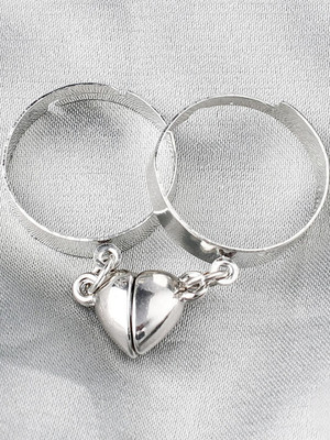 Dressberry Silver Magnetic Heart Matching Love Couple Ring Alloy Silver Plated Ring Set