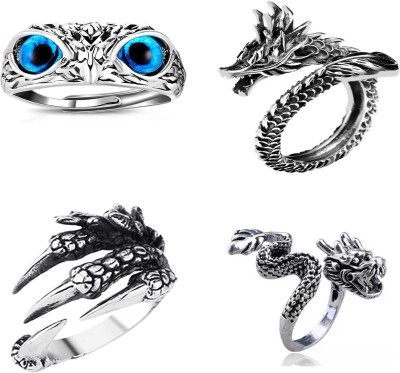 NICELIFE COLLECTIONS Combo 1 BLUE EYE OWL RING,DRAGON RING,3NAIL RING & FIRE DRAGON RING Alloy Silver Plated Ring