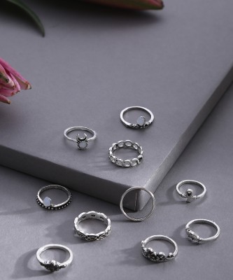 Dressberry Set Of 10 Oxidized Silver-Toned White Adjustable Finger Rings Alloy Silver Plated Ring