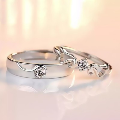 Alvira Adjustable Couple Combo Lovers American diamond Valentine Metal Cubic Zirconia, Crystal, Diamond Silver, Rhodium Plated Ring