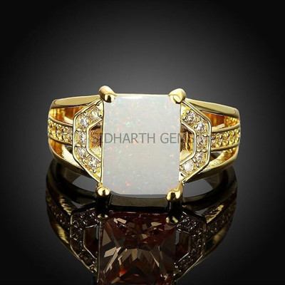 KUSHMIWAL GEMS 6.25 Ratti Natural Quality Australian White Opal Astrological Purpose Loose Brass Opal Gold Plated Ring