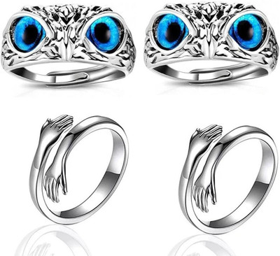 White Chimes Combo of 2 Silver plated Blue Eye Owl Ring & 2 love Hug Ring special for couples Alloy Silver Plated Ring Set