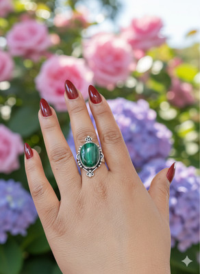 ShrimJewels Bohemian Ethnic Finger Ring for Meditation, Energy Balance & Fashion Metal Malachite Black Silver Plated Ring