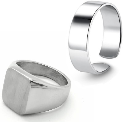 Vivity Vintage Signet Square Plain SIlver Cuff Finger Ring Combo Hip Hop Korean Fashion Alloy Silver Plated Ring Set