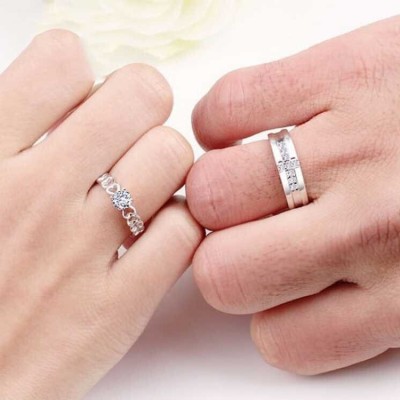 Teeragaj Stainless Steel Cubic Zirconia Silver, Rhodium Plated Ring Set