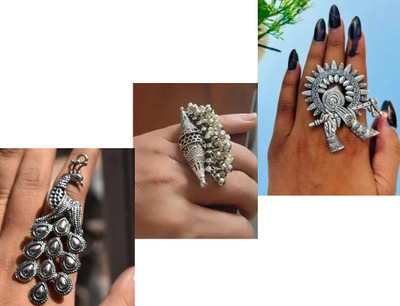 DEALZONE Rings for Women Silver Oxidised of Adjustable Ring Metal Ring Set (PACK OF 3) Bronze Brass Plated Ring