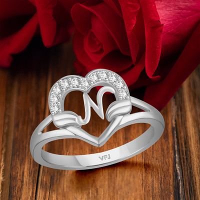 VIGHNAHARTA Valentine cluster'' V '' with heart ring alphabet cluster for women and Girls Brass Cubic Zirconia Rhodium Plated Ring