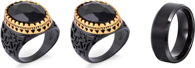 Dynamic Retail Global Set of 3 Ring for Men, Black-Black Alloy Ring
