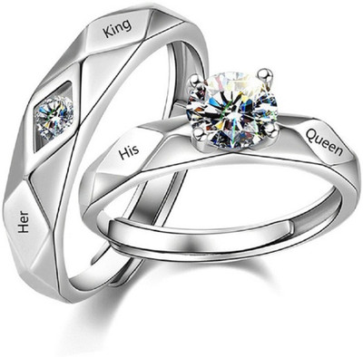 Maaword Adjustable Couple Ring for lovers in silver stylish king Queen design Alloy Cubic Zirconia Sterling Silver Plated Ring Set