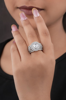 immitation Descriptive: Grand Round Solitaire with Baguette Halo Statement Ring Silver Pearl Silver Plated Ring