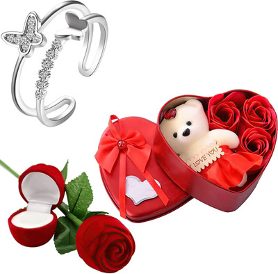 Thrillz Valentine Gift For Girlfriend Silver Butterfly Ring For Women Red Rose Heartbox Stainless Steel Cubic Zirconia Silver Plated Ring