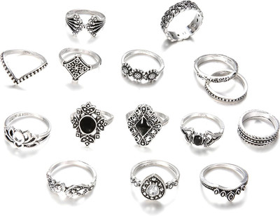 AmazingKarts 15 Pcs Korean Style Silver Boho Midi Finger Ring Oxidized Set For Women Girl Metal Silver Plated Ring Set
