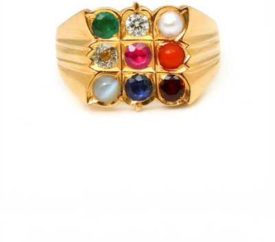 RATAN BAZAAR Natural Certified Navratna Stone Nine Planet Adjustable Ring Copper Crystal Gold Plated Ring