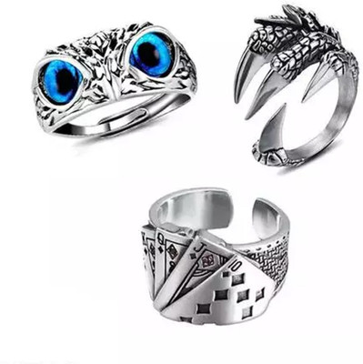 Animated Owl Ring | Claw Ring For Boys | Stylish Poker Ring | Men Combo Rings Set Stainless Steel Agate Silver Plated Ring Set
