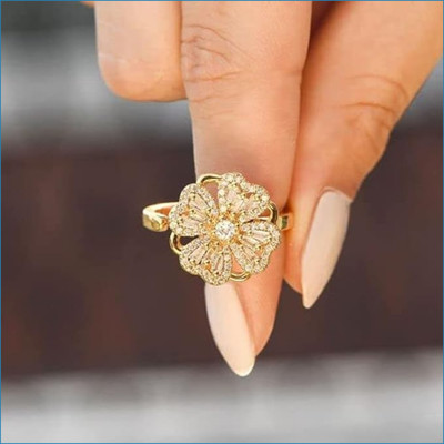 Zaphariq Rotating Cubic Zirconia Studded Adjustable Gold-Plated Clover Ring For Women Alloy Gold Plated Ring