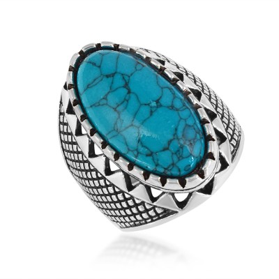 MissMister Brass Silverplated Big Turquoise Firoza finger ring Men Women Brass Turquoise Silver Plated Ring