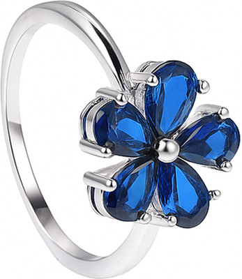 RANISHAA Blue Crystal Flower Ring, 5-Petal Design Sterling Silver Cubic Zirconia Ring