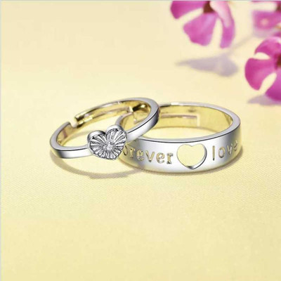 White Chimes Heart shape & forever love adjustable couple rings for lovers & Valentine ring Alloy Crystal Silver Plated Ring Set