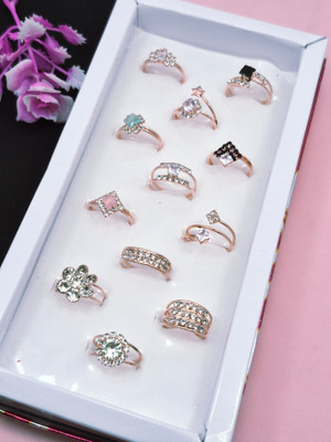 Divyanshi Collection Combo Pack Of Multicolour Multi Sizes 12 Rings Brass Diamond Gold, Silver Plated Ring Set