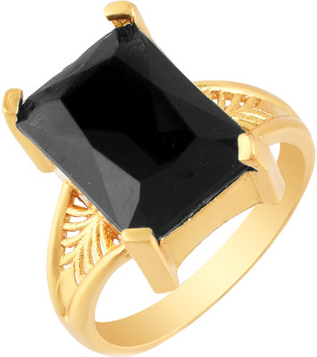 Morvi Gold Plated Brass Black Stone CZ, Engagement Wedding Finger Ring Men Women Brass Cubic Zirconia Gold Plated Ring