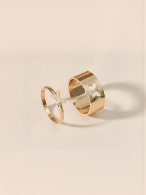 Dressberry Golden Butterfly Couple Ring Matching Wrap Finger Ring For Women And Girls Alloy Gold Plated Ring Set