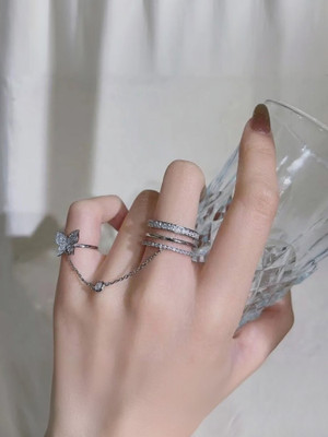BLINGEE Butterfly Chain ad stone Diamond Finger Ring fancy stylish designer Alloy Crystal, Cubic Zirconia, Diamond, Swarovski Crystal, Swarovski Zirconia Silver Plated Chain Ring - Multi Finger