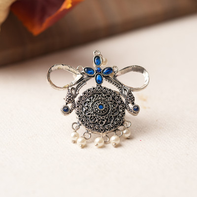 Sanseeta Anwita- Silver oxidised ring (Blue) Brass Zircon Silver Plated Ring