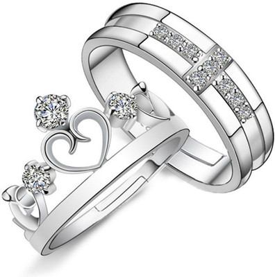 Inori AdjustableCoupleRingsComboforLoverCrownEngravedKingQueenAmericandiamondValentine Brass, Stainless Steel, Copper Cubic Zirconia Rhodium, Silver, Titanium Plated Ring Set