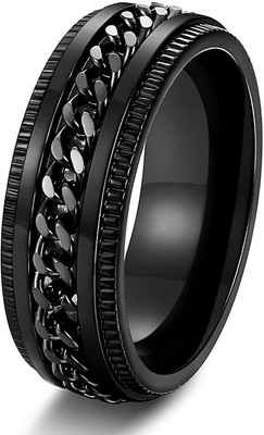 University Trendz Spinner Matte Black Rope Design Cut Blade Ring For Men And Boy Stainless Steel Titanium Plated Ring