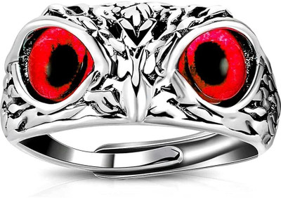 ruby collection Retro Style Owl Bird Red Eyes Open Adjustable Statement Ring for Unisex Metal, Stainless Steel Rhodium Plated Ring